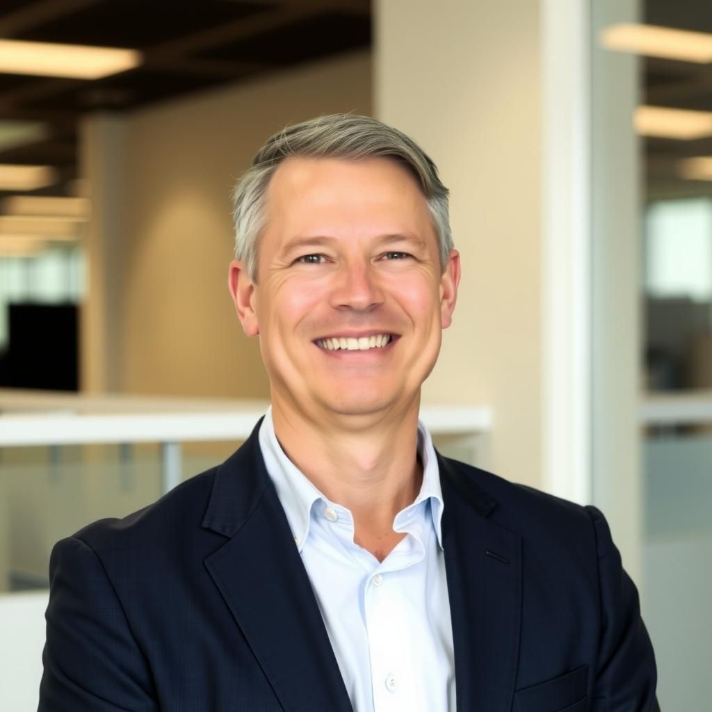 Portrait of a pleased client with a corporate background